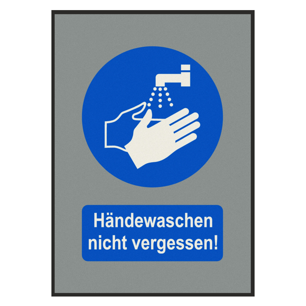 Hände unter einem Wasserhahn mit Untertitel - Händewaschen nicht vergessen!